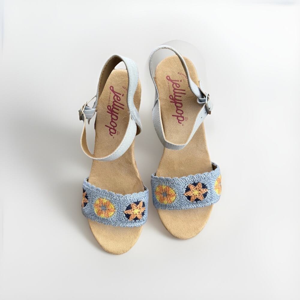 JELLY POP ENCHANT BLUE MULTI CROCHET 423 WEDGE SIZE 8.5 STRAP SANDALS SHOES - Picture 5 of 6